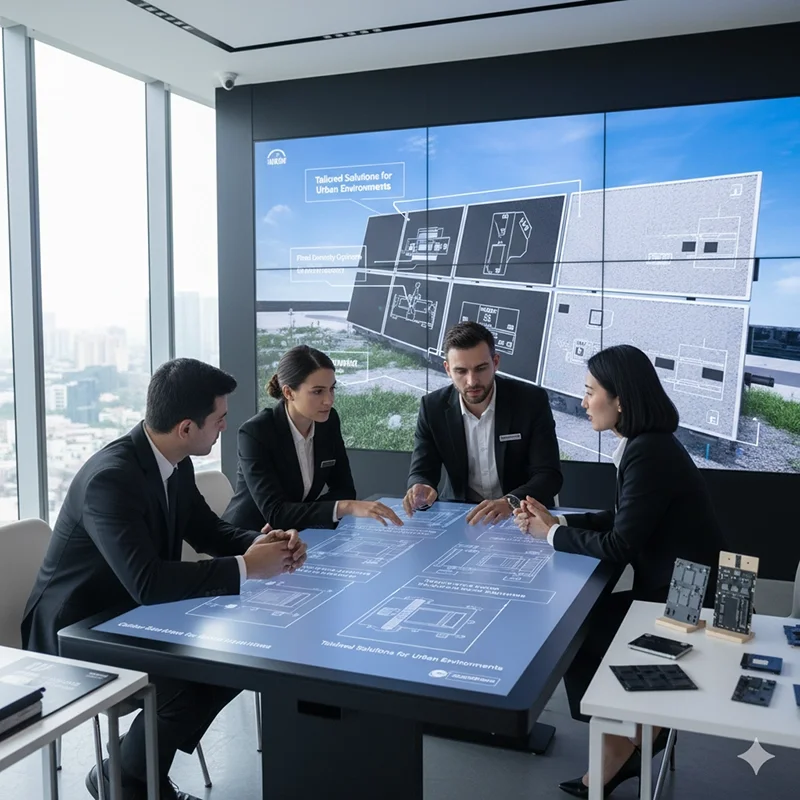 supplier team reviewing LED display panel customization options with client supplier team reviewing LED display panel customization options with client
