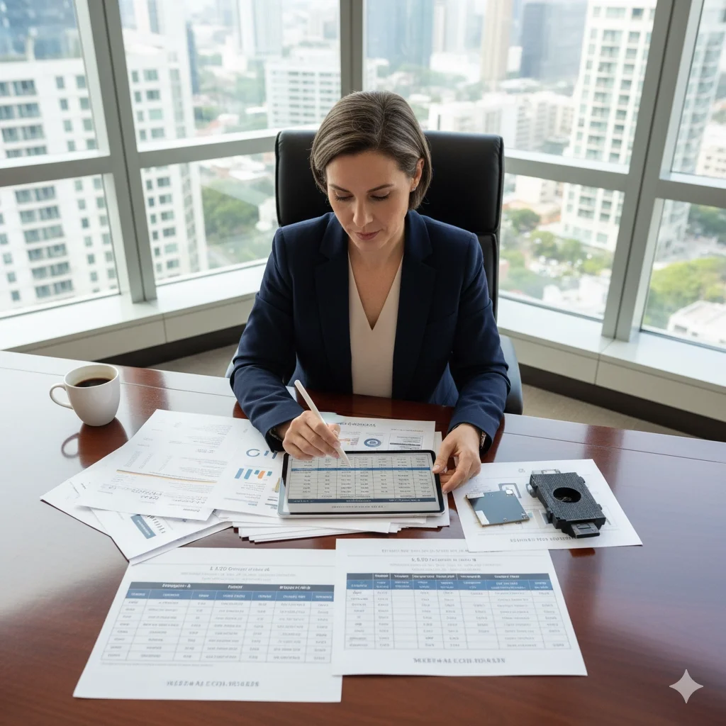 business owner evaluating LED display panel quotes and comparing prices business owner evaluating LED display panel quotes and comparing prices