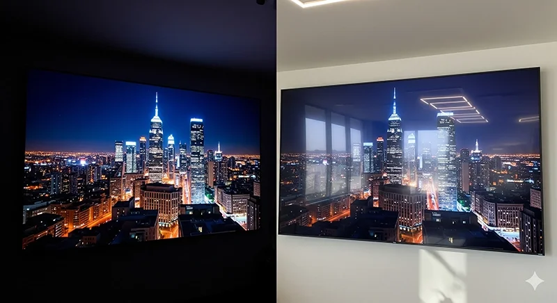 Side-by-side comparison of indoor LED displays in low and bright lighting environments Side-by-side comparison of indoor LED displays in low and bright lighting environments