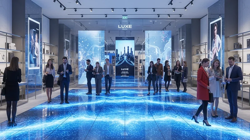Retail LED floor display with transparent wall screen Retail LED floor display with transparent wall screen
