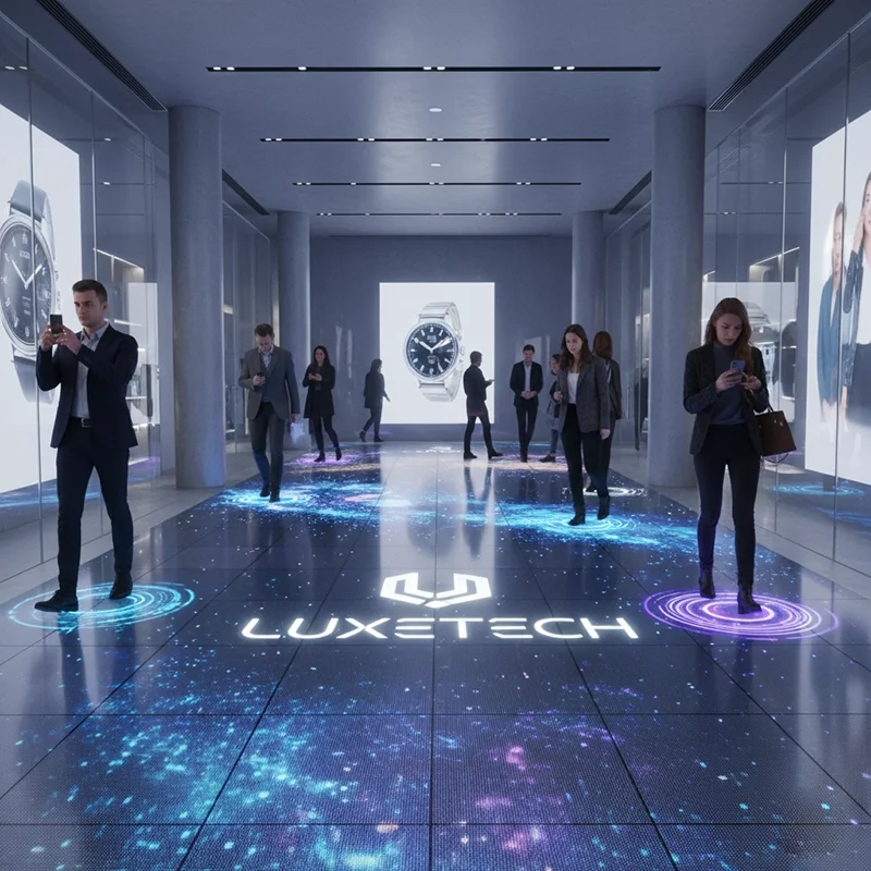 LED panel floor in retail store with transparent LED display LED panel floor in retail store with transparent LED display