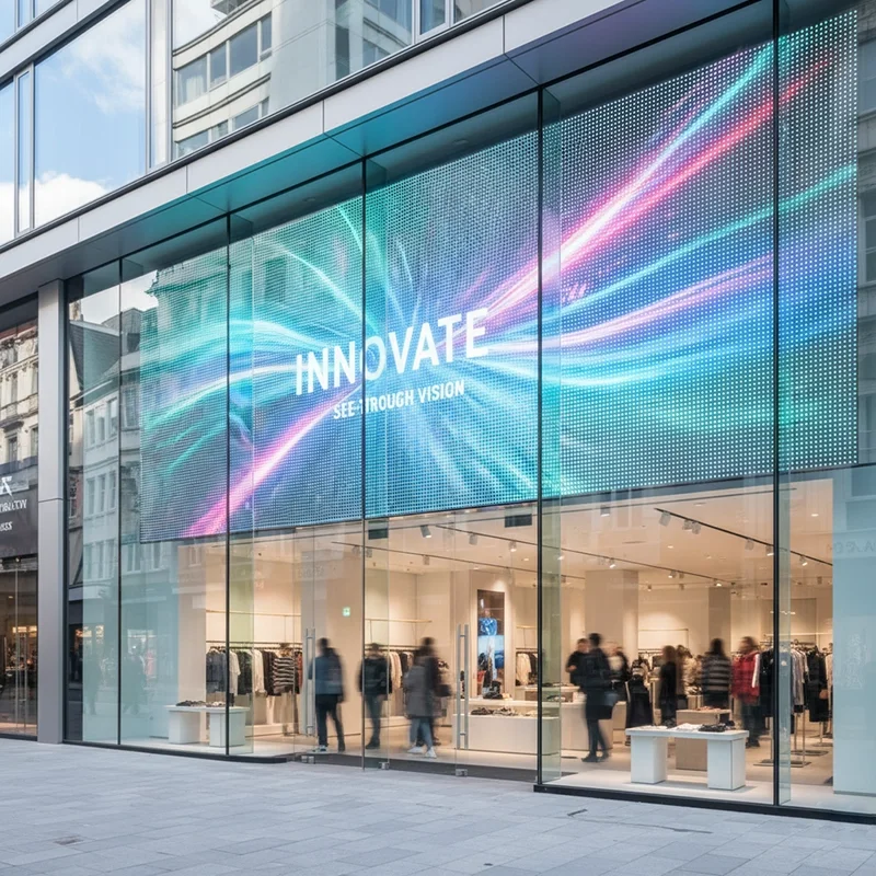 Transparent LED display on a storefront glass Transparent LED display on a storefront glass