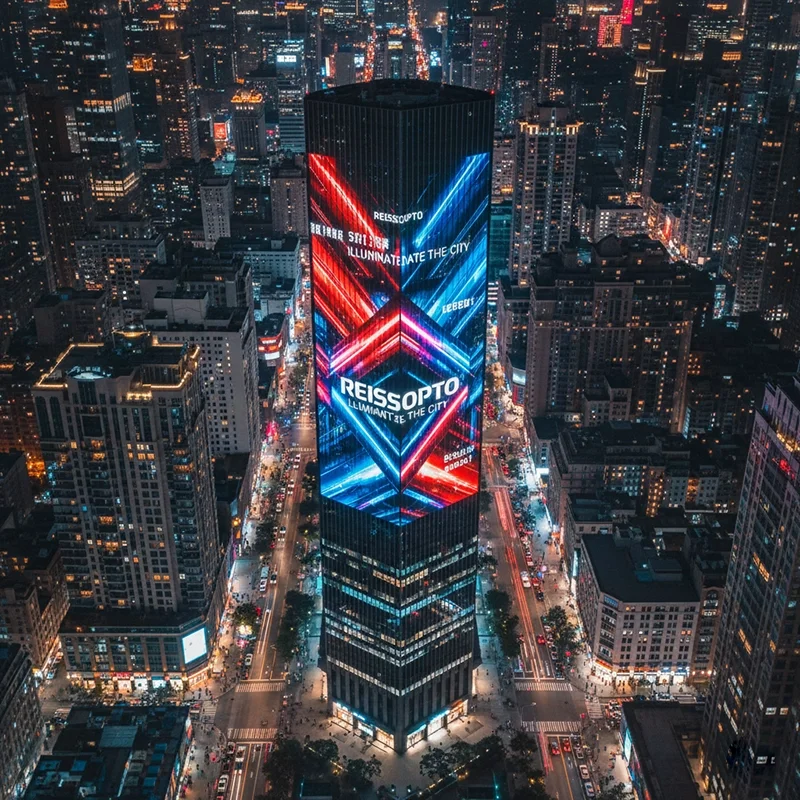 Reissopto outdoor LED display on city building facade at night