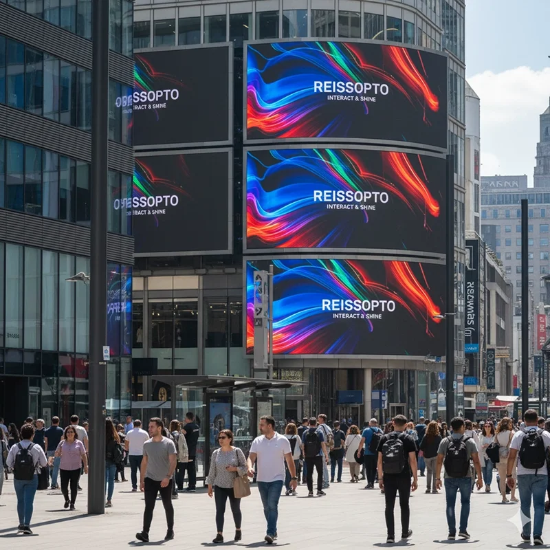 Outdoor LED advertising displays by Reissopto in city plaza