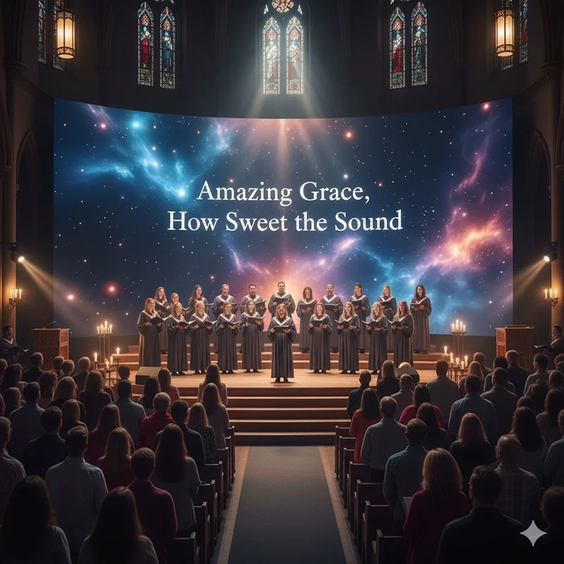 Church LED wall displaying worship lyrics to support congregational singing Church LED wall displaying worship lyrics to support congregational singing