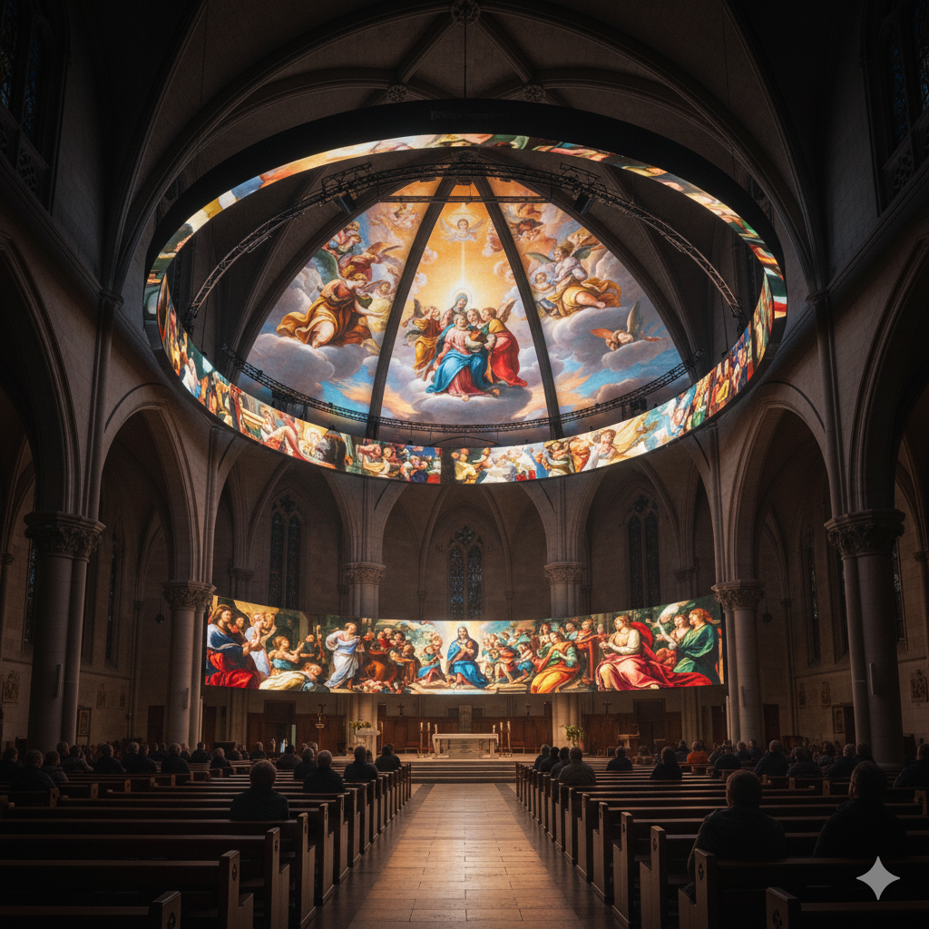 Reissopto church LED display in main sanctuary showing scripture and worship lyrics Reissopto church LED display in main sanctuary showing scripture and worship lyrics